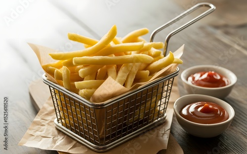 fries presented in rustic basket with artistic lighting shadows and ketchup accentuating golden hues
