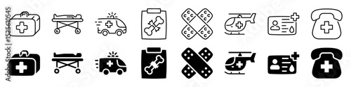 Emergency medical and first aid icon set. Linear and silhouette style.