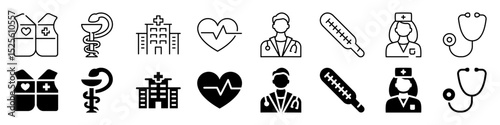Healthcare professionals and medical symbols icon set. Linear and silhouette style.