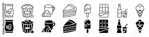 Snacks, desserts, and beverages icon set. Linear and silhouette style.