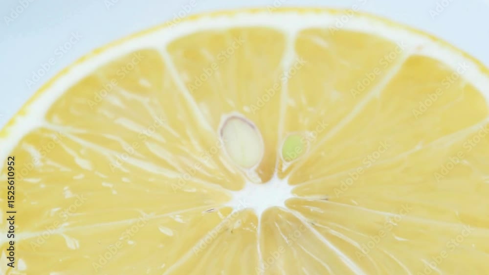 Close-up view of a sliced lemon, citrus fruit, juicy, yellow, segments