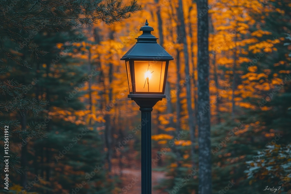 Naklejka premium Autumnal lantern in forest path