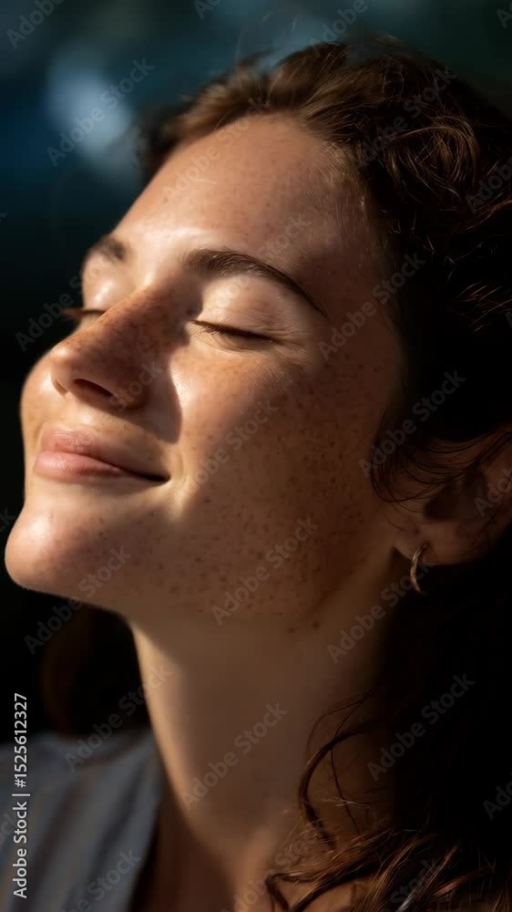 Young woman's face with freckles, eyes closed, sun bathing, close up portrait, natural skin, light and shadows, peaceful expression, hair flowing, serene moment Young woman's face with freckles, eyes closed, sun bathing, close up portrait, natural skin, light and shadows, peaceful expression, hair flowing, serene moment