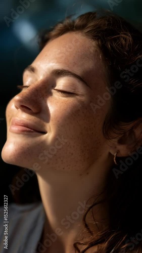 Young woman's face with freckles, eyes closed, sun bathing, close up portrait, natural skin, light and shadows, peaceful expression, hair flowing, serene moment