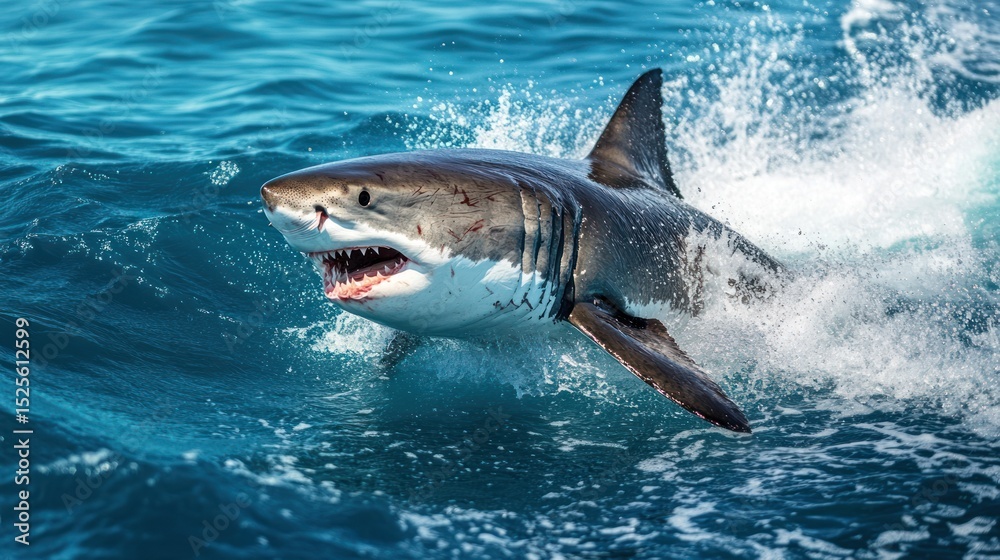 Naklejka premium Majestic Great White Shark Leaping from the Ocean Waves