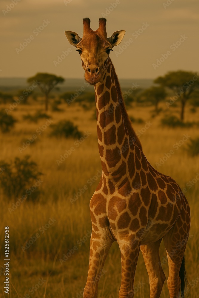 Obraz premium A majestic giraffe standing tall in the vast savannah, surrounded by golden grasslands under a bright sky. Its long neck and patterned coat blend beautifully into the serene African wilderness.