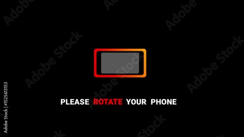 Please rotate your phone animation display a stylized phone screen with bold colorful design.The screen initially appears with portrait orientation then it rotates to horizontal