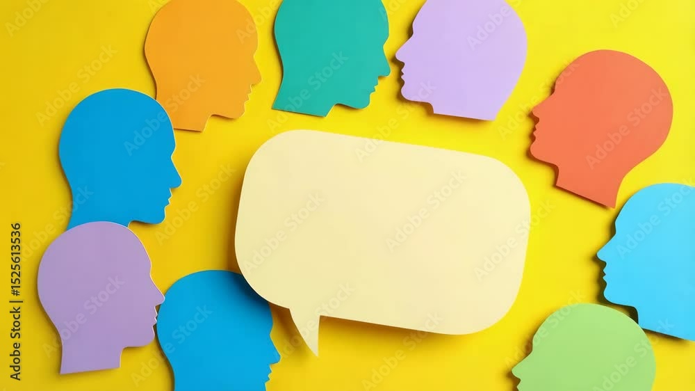 Conceptual illustration of colorful human head shapes encircling a blank speech bubble on a bright yellow background suggesting communication and diverse perspectives.