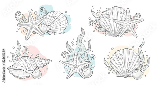 Romantic line art illustrations of enchanted seaside treasures. Hand-drawn seashells, starfish, pearls, and delicate seaweed swirls adorned with tiny mermaid scales and bubbles