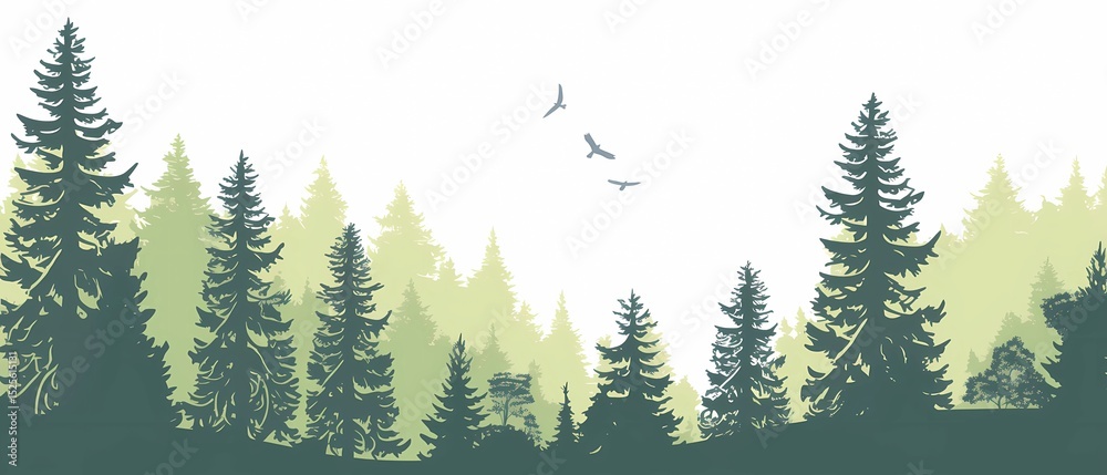 Fototapeta premium Watercolor Evergreen Forest Banner – Misty Pines Landscape for Relaxation and Meditation