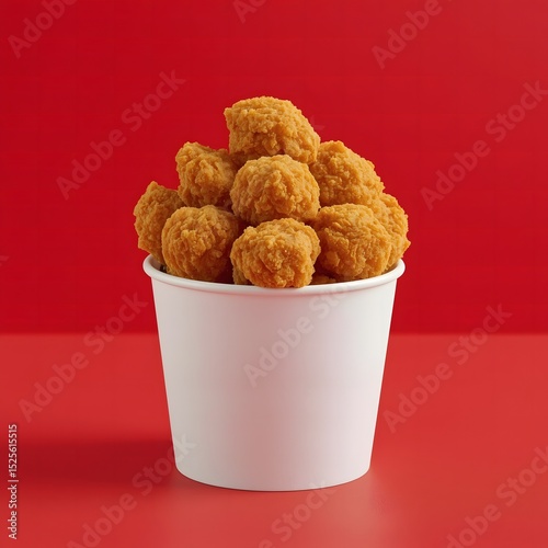 juicy golden fried chicken bites stacked in matte white takeout container against solid red surface