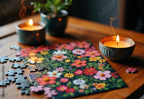 Colorful floral jigsaw puzzle with lit candles on a wooden table for cozy ambiance photo
