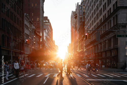 Busy intersection is crowded with people and traffic on 5th Avenue and 23rd Street in New York City with sunlight shining between the background buildings