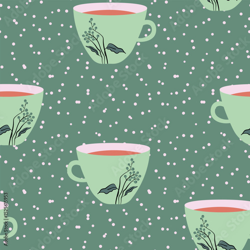 Abstract seamless pattern with color cups. Kitchen doodle background. Design for poster, fabric, textile.