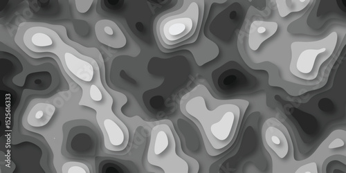Abstract topographic map illustration with a layered paper cut effect showcasing grayscale contours and organic flowing patterns.