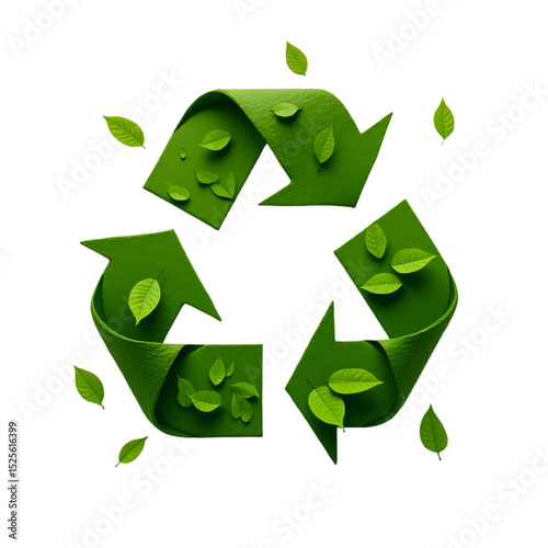 Sustainable environmental concept showing a recycling icon made of green paper and fresh leaves, emphasizing ecological responsibility.