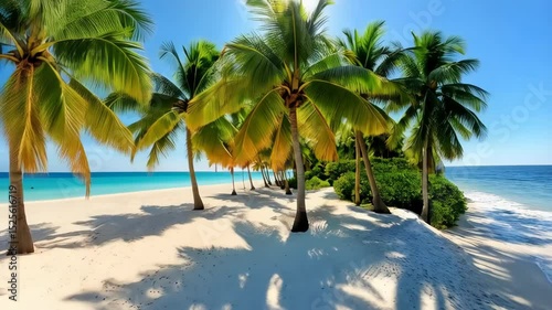 Idyllic tropical beach with white sand, turquoise sea, and green palm trees under bright blue sky on a sunny day providing a peaceful vacation scenery
