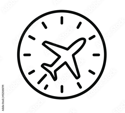 Airplane icon inside clock symbolizing travel and time concept  