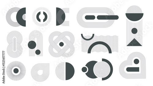 Aesthetic contemporary stripes set in flat cartoon design. Collection isolated elements of black and white geometric circles, arches, other wavy line figures with simple shapes. Vector illustration.