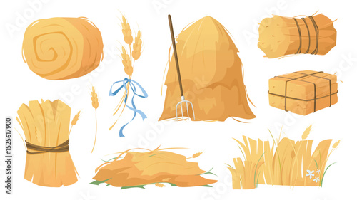 Haystacks set in flat cartoon design. Collection isolated elements of round, square and rolling shapes of hay stacks, straw heaps with pitchfork, ears, wheat or rye dry crop. Vector illustration.