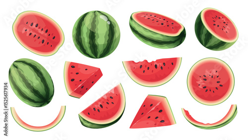 Watermelon set in flat cartoon design. Collection isolated elements of whole juicy summer fruit, slices with red flesh and seeds, fresh ripe pieces and half parts, green rinds. Vector illustration.
