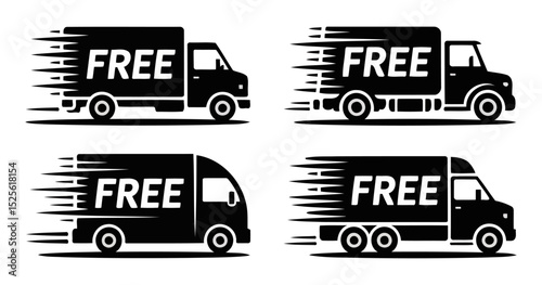 Fast Free Delivery Truck Icon Set in Black Silhouette Style on Transparent Background