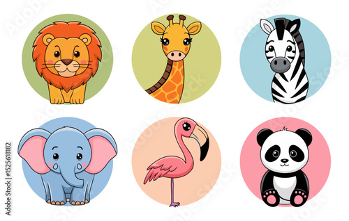 Cute Cartoon Jungle and Safari Animals Set in Colorful Circles with Transparent Background