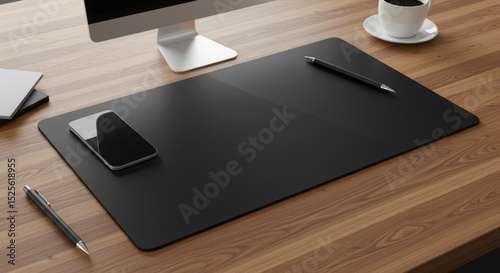 Elegant desk mat mockup featuring workspace setup and minimalist accessories on wooden surface