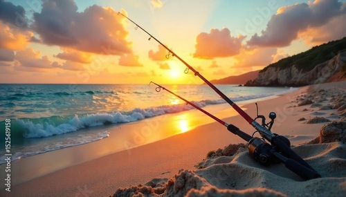 Fototapeta Naklejka Na Ścianę i Meble -  A tranquil beach scene with fishing rods resting on the sand, overlooking a calm ocean; perfect for relaxation and angling The sun sets, casting a warm golden glow , sunrise, relaxation