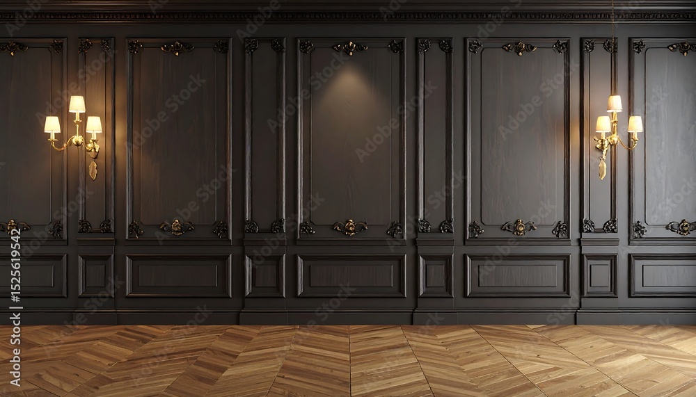 Fototapeta premium Dark, ornate room with wood flooring