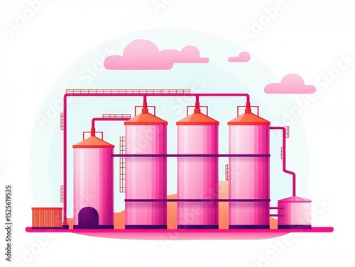 A colorful illustration of an industrial facility with large storage tanks and connecting pipes under a sky with clouds.
