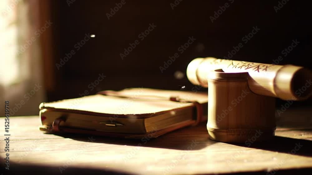 A still life featuring an old book and a bamboo scroll on a wooden table in warm light setting scene