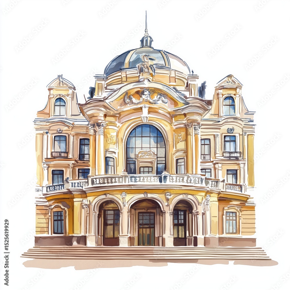 Obraz premium Odessa Opera and Ballet Theater. Odessa Opera and Ballet Theater hand drawn watercolor illustration