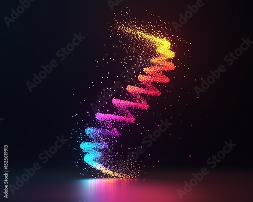 A vibrant, glowing spiral of colorful particles forms a DNA-like helix on a dark background.