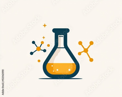 A stylized flask with yellow liquid and molecular structures, symbolizing chemistry and scientific experimentation.