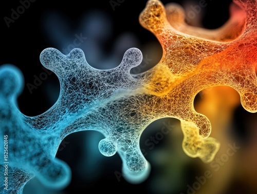 Abstract mesh structures intertwine with vibrant blue and orange hues, resembling digital or molecular connections on a dark background.