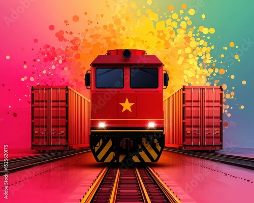 Vibrant red freight train with containers on tracks, colorful splatter background, and a prominent yellow star on the engine.