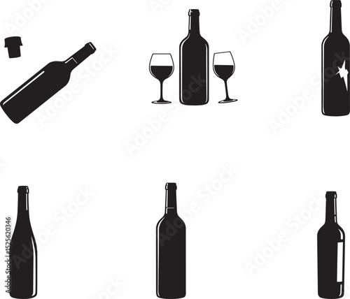 Elegant Black Silhouette Vector Set of Wine Bottles and Glasses