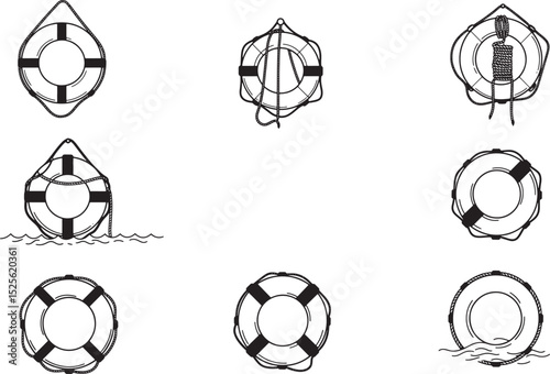 Detailed Outline Vector Collection of Lifebuoys and Life Rings for Water Safety