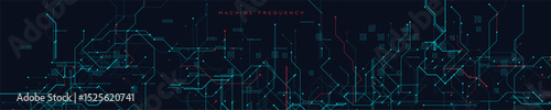 Machine Frequency Circuit Background With Futuristic Red and Blue Lines. High-tech network map with glowing connections and schematic patterns on dark background. Vector Illustration.