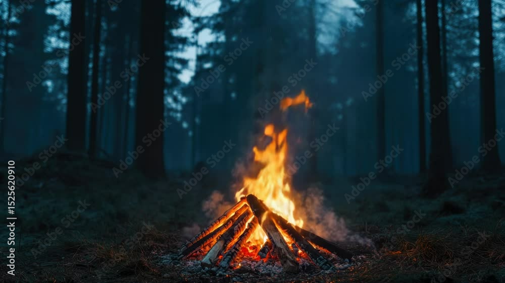 A campfire burning bright in the heart of a forest, surrounded by trees and darkness A campfire burning bright in the heart of a forest, surrounded by trees and darkness
