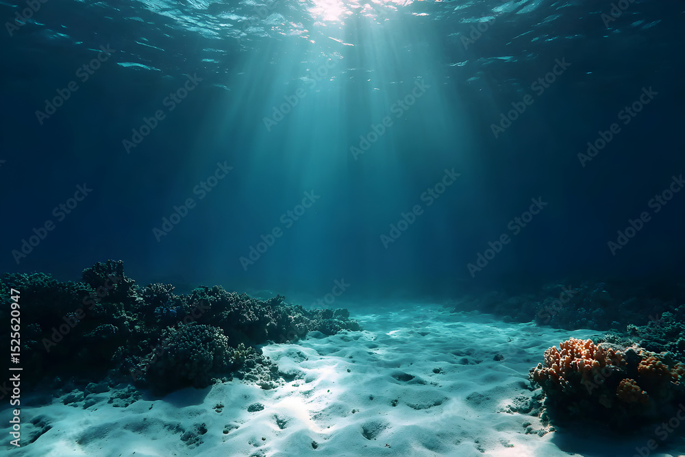 Obraz premium Sunlight Streaming Through Clear Blue Ocean Water Illuminating Coral Reef on the Seafloor