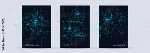 Futuristic Tech Network Posters Set. Abstract Neural Map, Cyber Grid And Scientific Data Flows On Dark Background. Perfect For Innovation, Research And AI Technology Themes. Vector Illustration.