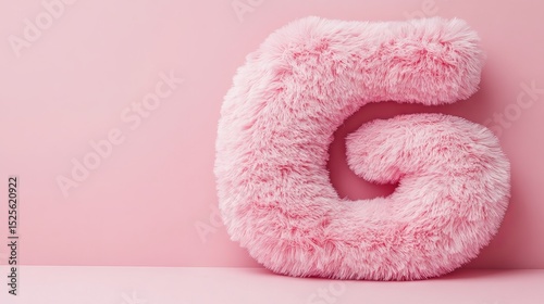 Plush pink letter G, soft and fluffy, rests against a pastel pink background, creating a playful and whimsical atmosphere perfect for children's decor or branding