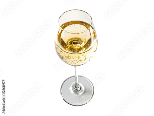 A top down view of a wine glass filled with sparkling white wine on a black background studio shot