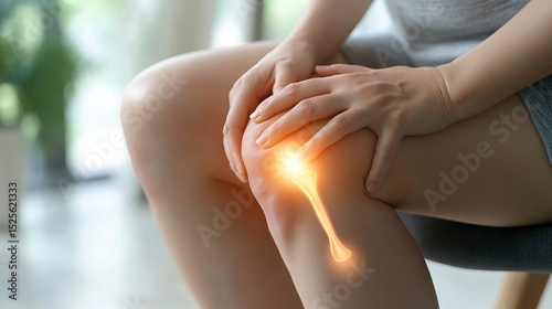 Wallpaper Mural Close-up of a woman holding her knee in discomfort, with a glowing joint illustration highlighting the area, representing pain relief and health awareness in a modern indoor setting Torontodigital.ca