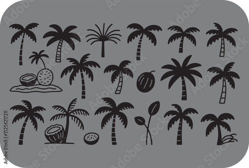 Doodle Style Black Palm Tree Silhouettes and Coconuts on a Gray Background Representing a Tropical Beach Vacation or Summer Theme with a Playful and Artistic