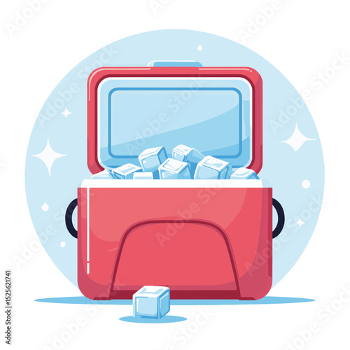 Red cooler filled with ice cubes against a light blue background, representing summer activities and outdoor adventures, concept of picnic suppliers or event planning