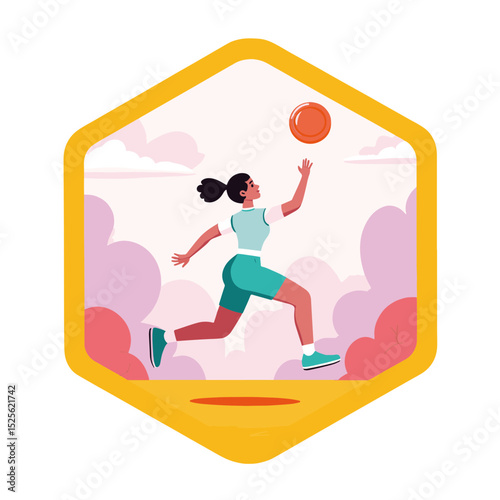 Active young woman jumping to catch a frisbee in a playful outdoor scene with pastel colors and soft clouds, summer holiday at grandmas concept of recreational activities