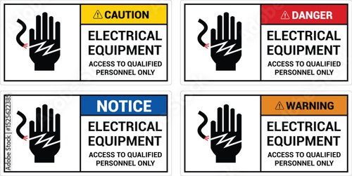 Caution Sign Electrical Equipment, Access To Qualified Personnel Only. Electrical Equipment  sign, logo, badge, icon, sticker, label, emblem, stamp, symbol, black, line, flat vector.
